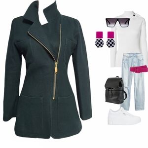 Armani Jeans Dark Green Asymmetrical Zip Wool Blend Jacket with Gold Hardware
